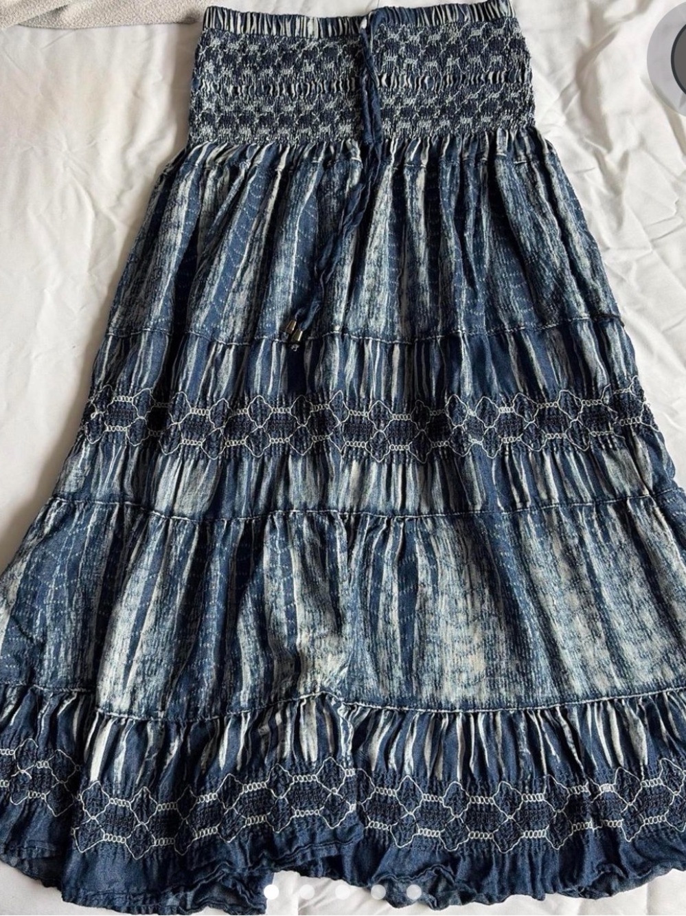 Smocked Waist Indigo Tiered Maxi Skirt